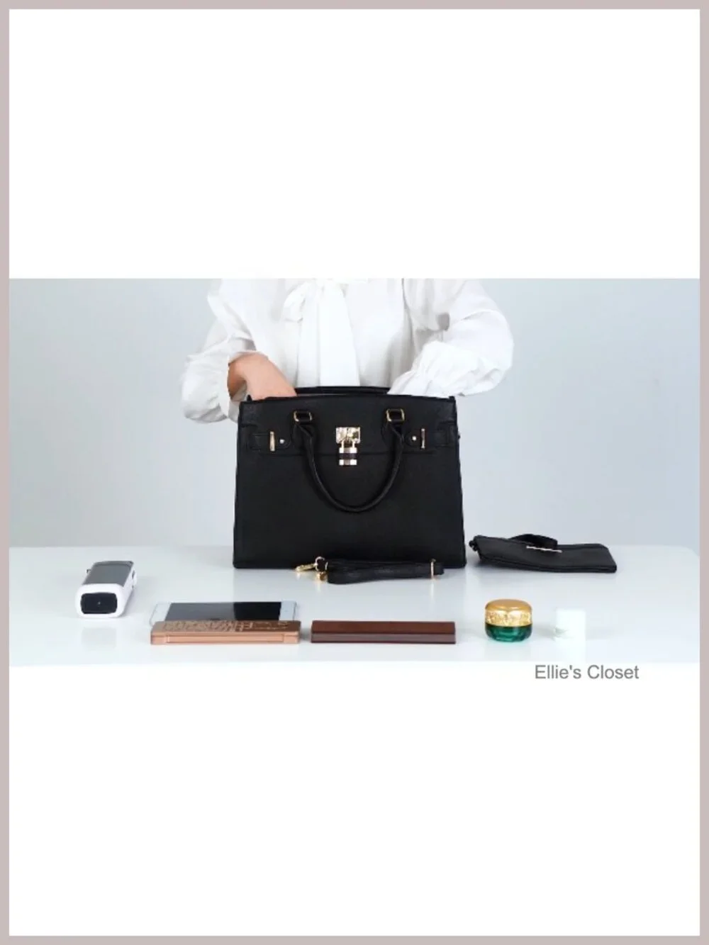 Vegan Leather Satchel Tote with Matching Clutch, Gold Hardware, Work Bag